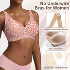 Women'S Seamless Pink Leopard Print Bra Wire-Free Bra Full Cup Soft Thin Mold Support Jelly Beauty Breathable Deep V Push up Bra