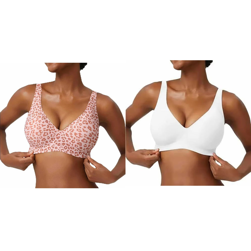 Women'S Seamless Pink Leopard Print Bra Wire-Free Bra Full Cup Soft Thin Mold Support Jelly Beauty Breathable Deep V Push up Bra